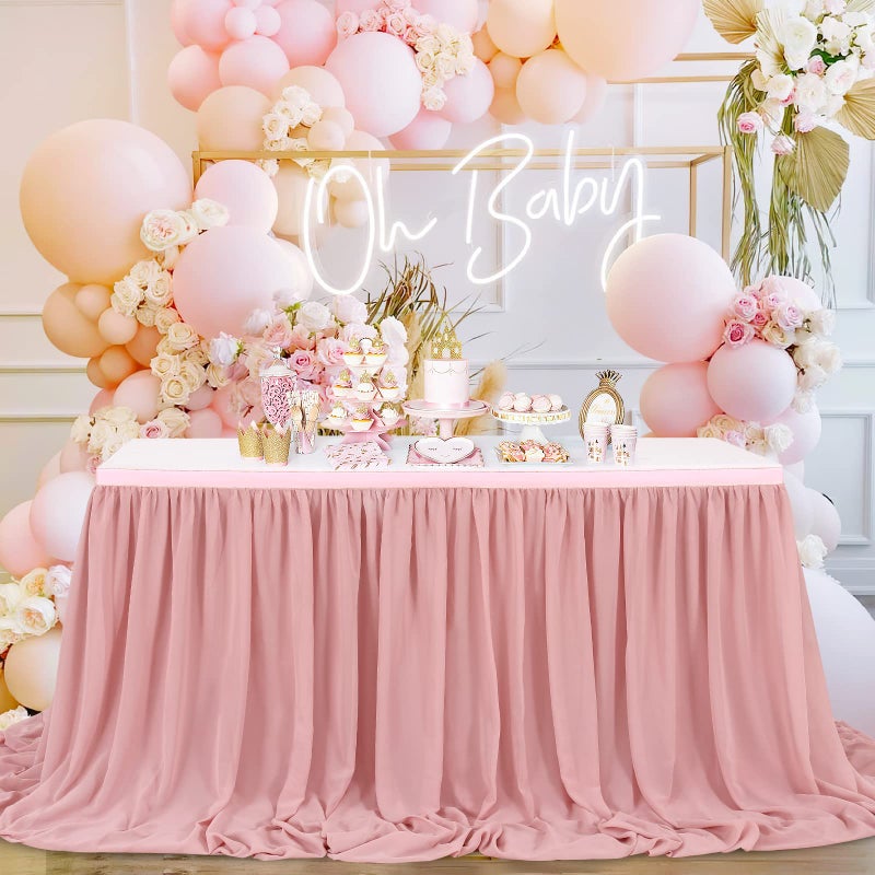 QueenDream Chiffon Table Skirt Dusty Rose 9ft Sheer Tablecloth for Wedding Sweetheart Table Party Table Decoration Rectangle Tables or Round Tables - Image 1